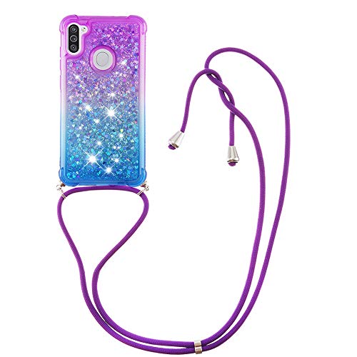 HongMan Handykette Hülle für Samsung Galaxy A11 / M11, Smartphone Necklace Glitzer Transparent Silikonhülle mit Band - Handyhülle Case mit Stylische Kette zum umhängen, Lila und Blau von HongMan