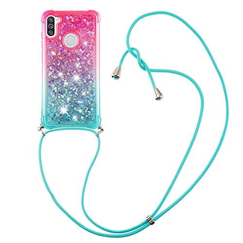 HongMan Handykette Hülle für Samsung Galaxy A11 / M11, Smartphone Necklace Glitzer Transparent Silikonhülle mit Band - Handyhülle Case mit Stylische Kette zum umhängen, Pink und Blau von HongMan