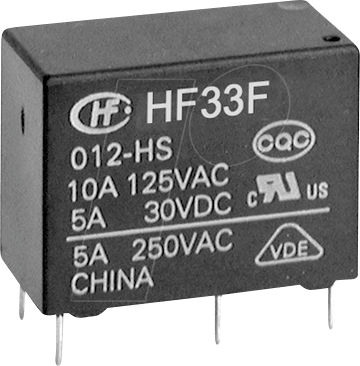 HF33F-012-ZS3F - Zwischenleistung-Relais subminiatur, 12 V DC, 10 A, 1 Wechsler von Hongfa