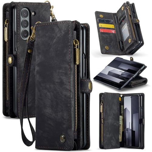 Hongxinyu Schutzhülle für Samsung Galaxy Z Fold6 2024, Reißverschluss, Leder, mit magnetischem, abnehmbarem, stoßfestem TPU-Stoßfänger, kompatibel mit Samsung Galaxy Z Fold 6, Schwarz von Hongxinyu