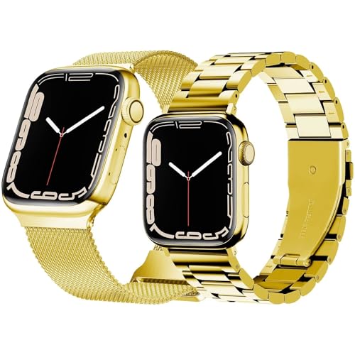 Hongxinzhan Pack von 2 Metall Ersatz Armband kompatibel mit Apple Watch Armband 41/40/38mm(S1-S9,SE,SE2)/42mm(S10), verstellbare Premium Edelstahl Armbänder für iWatch Serie 10/9/8/7/6/5/4/3/2/1/SE von Hongxinzhan