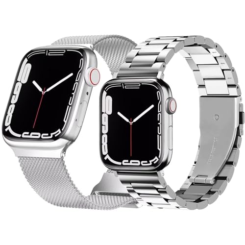 Hongxinzhan Pack von 2 Metall Ersatz Armband kompatibel mit Apple Watch Armband 41/40/38mm(S1-S9,SE,SE2)/42mm(S10), verstellbare Premium Edelstahl Armbänder für iWatch Serie 10/9/8/7/6/5/4/3/2/1/SE von Hongxinzhan