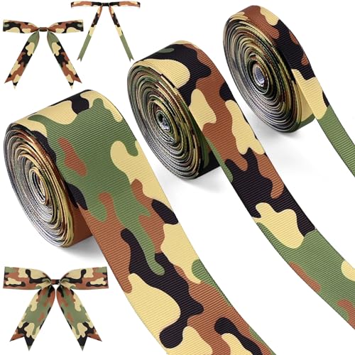 3 Rollen 27,7 m Camo Ripsband, grün braun Camouflage Druck Band für Geschenkverpackungen für Geburtstagsparty Ruhestand Camp Motto-Party DIY Handwerk von Honic