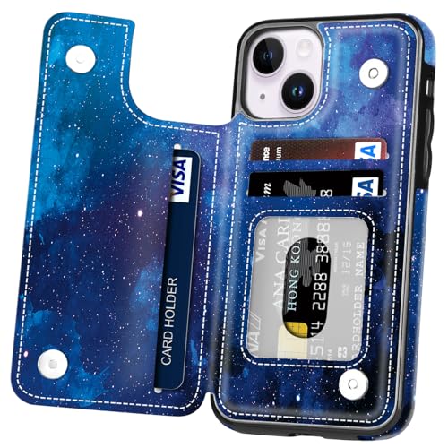 Hoofur Schutzhülle für iPhone 13, iPhone 14, Brieftaschen-Schutzhülle mit Kartenhalter, PU-Leder, Kartenfächer, stoßfest, Folio-Schutzhülle für iPhone 13/14 (Sternenhimmel) von Hoofur