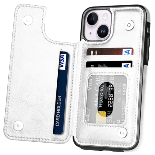 Hoofur Schutzhülle für iPhone 13, iPhone 14, Kartenhalter, schlanke und leichte Premium-Leder-Handyhülle mit Kartenfächern, stoßfest, Folio-Klapphülle für iPhone 13/14 (6,1 Zoll) (weiß) von Hoofur