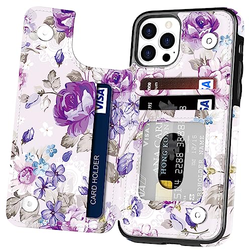 Hoofur iPhone 12/12 Pro Hülle, Slim Fit Premium Leder Wallet Case mit Blumen Kartenfächern, Stoßfeste Schutzhülle für Apple iPhone 12/12 Pro (6,1 Zoll) 2020 (Rose) von Hoofur