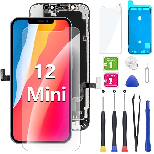 Hoonyer iPhone 12 Mini Display 5.4'', iPhone 12 Mini LCD Bildschirm Ersatz Digitizer Full Assembly, 3D Touch, Face ID, Wasserfester Klebstoff, Bildschirmschutz, Reparaturwerkzeug von Hoonyer