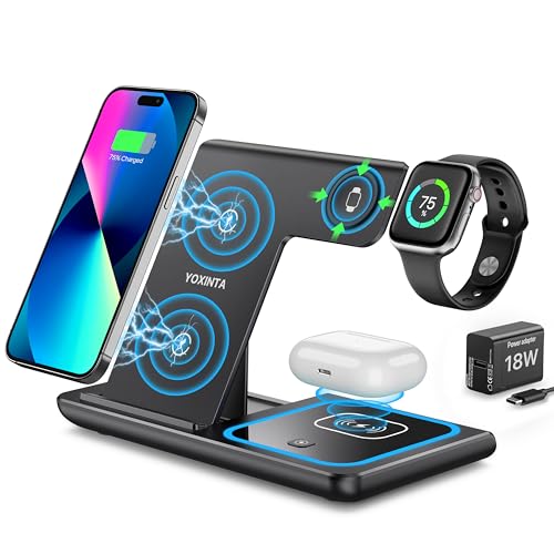 Kabelloses Ladegerät, 3 in 1 kabellose Ladestation, schneller kabelloser Ladeständer für iPhone15/14/13/12/11/Pro/Max/XS/XR/X/8/Plus, Apple Watch 7/6/5/4/3/2/SE, AirPods 3/2/Pro (Schwarz) von Hoonyer