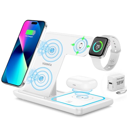Kabelloses Ladegerät, 3 in 1 kabellose Ladestation, schneller kabelloser Ladeständer für iPhone14/13/12/11/Pro/Max/XS/XR/X/8/Plus, Apple Watch 7/6/5/4/3/2/SE, AirPods 3/2/Pro (Weiß) von Hoonyer