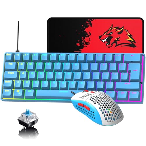 60% UK-Layout Kabelgebundene Gaming-Tastatur und -Maus, 62Keys Mini Compact Mechanical Keyboard, 19 Rainbow Lighting Effect + 6 RGB Lighting Effect Leichte Maus mit 6400 DPI (blau/Blauer Schalter) von Hoopond