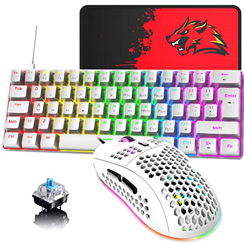 60 % UK-Layout Kabelgebundene Gaming-Tastatur und -Maus 62Keys Mini Compact Mechanical Keyboard, 19 Rainbow Lighting Effect +6 RGB Lighting Effect6400 DPI Leichte Gaming-Maus (weiß/Blauer Schalter) von Hoopond