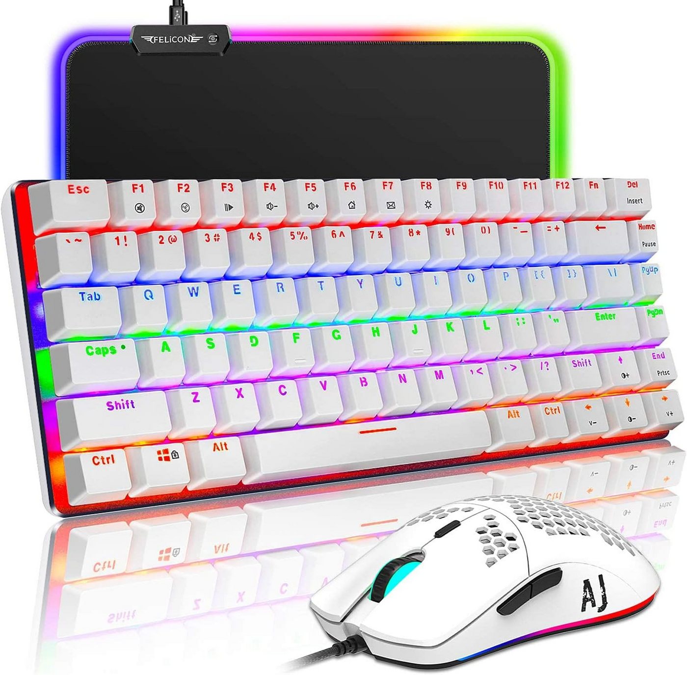 Hoopond 3-in-1, Regenbogen-Hintergrundbeleuchtung, blauer Schalter mechanische Tastatur- und Maus-Set, 16000 DPI RGB ultraleicht Gaming-Maus + 10 RGB-Mauspads von Hoopond