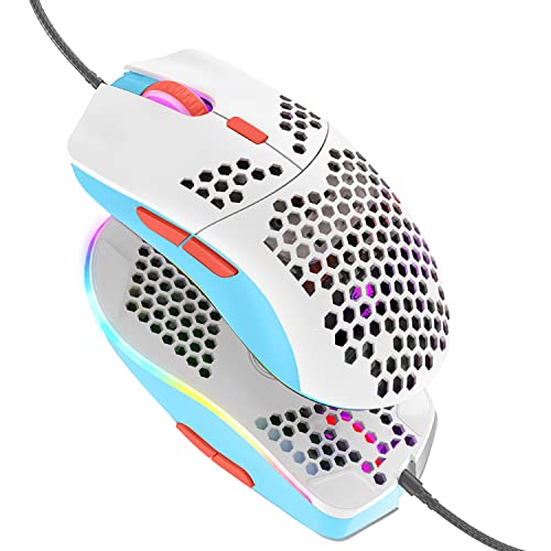 Hoopond Kabelgebundene Gaming-Maus, leichte 69-G-Maus mit Wabenschale und 6400 DPI, programmierbare USB-Gaming-Mäuse mit 6 Tasten, für PC-Gamer und Xbox- und PS4-Benutzer - Grün-Weiß-Mix von Hoopond