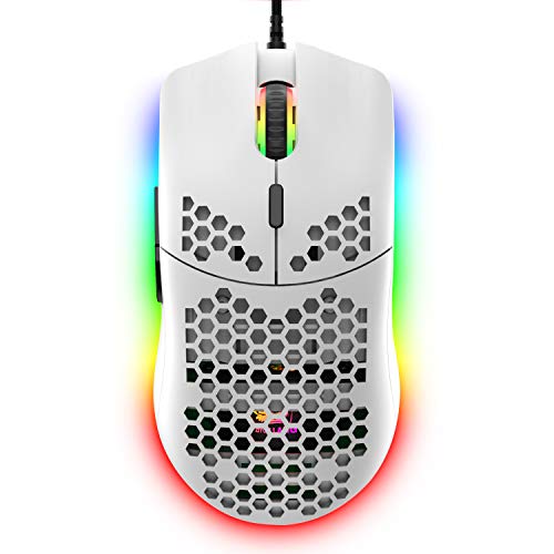 Hoopond M1 Pro Gaming Maus, 69G Honeycomb Shell Extrem leichte kabelgebundene Optical Maus, 6 RGB Farbwechselmodi 6400 DPI 6 Taste Programmierbare USB Computer-Maus für PC/Mac/Laptop /PS4, weiß von Hoopond