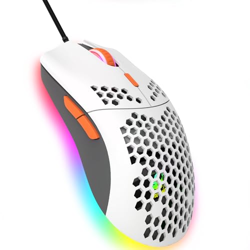 Kabelgebundene Gaming-Maus, 6 RGB-Beleuchtung 6400 DPI Programmierbare USB-Gaming-Maus, 6 Tasten, ergonomisches Design für PC-Spieler mit WabenschaleXbox PS4-Weiß Orange von Hoopond