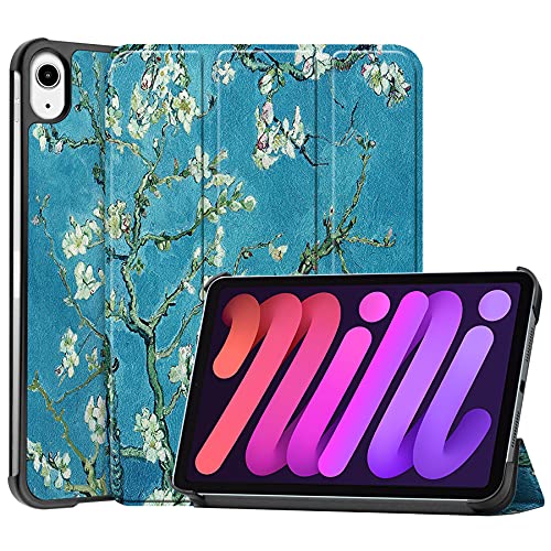 Hoozey - Hülle kompatibel mit Apple iPad Mini 7 (2024) / Mini 6 (2021) - 8.3 Zoll - Mit Auto/Wake-Funktion - Kunstleder TPU Tablet Case Schutzhülle - Weiße Blüte von Hoozey