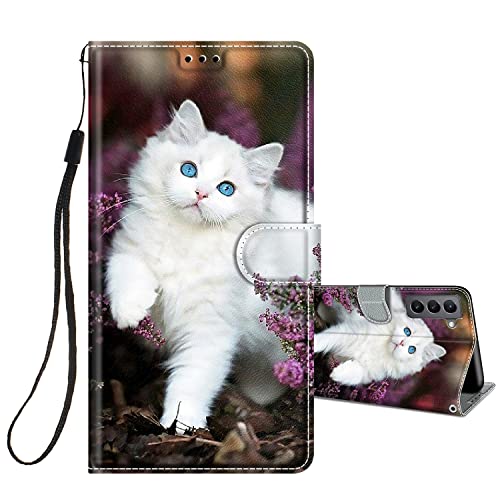 HopMore Handyhülle für Samsung Galaxy S22 5G Leder Hülle, Lederhülle PU Flip Case 360 Grad Schutzhülle Motiv für Mädchen Frauen Jungen Mann, Stoßfest Handytasche - Weiße Katze von HopMore
