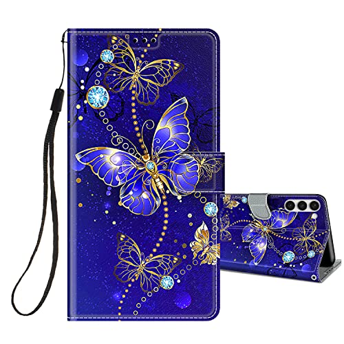 HopMore Handyhülle für Samsung Galaxy S23 5G Leder Hülle, PU Lederhülle Klappbar Hülle Flip Case Schutzhülle mit Motiv für Samsung S23 5G Klapphülle Stoßfest Handytasche Cover, Schmetterling/Blau von HopMore