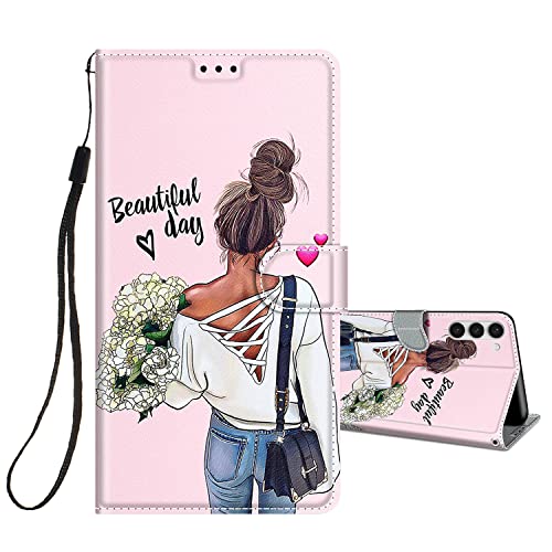 HopMore Handyhülle für Samsung Galaxy S23 5G Leder Hülle, PU Lederhülle Klappbar Hülle Flip Case Schutzhülle mit Motiv für Samsung S23 5G Klapphülle Stoßfest Handytasche Cover, Hübsches Mädchen von HopMore