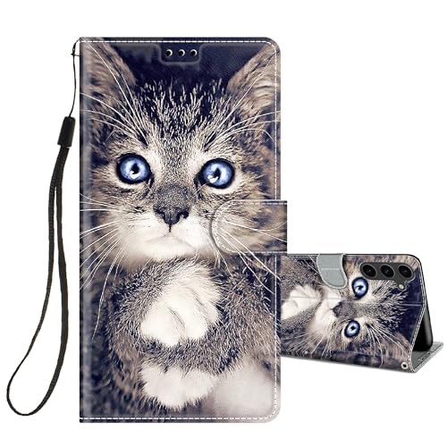 HopMore Handyhülle für Samsung Galaxy S24 Hülle, PU Leder Klapphülle Klappbar Flip Case Tasche für Samsung S24 Schutzhülle Stoßfeste Motiv Kartenfach Standfunktion Cover für Galaxy S24,Graue Katze von HopMore
