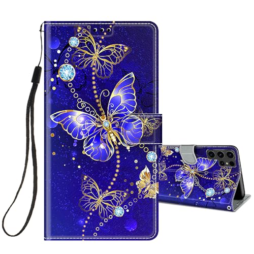 HopMore Handyhülle für Samsung Galaxy S24 Ultra Hülle, Premium PU Leder Klapphülle Klappbar Flip Case für Samsung S24 Ultra Schutzhülle Stoßfeste Motiv Cover für Galaxy S24 Ultra,Schmetterling/Blau von HopMore