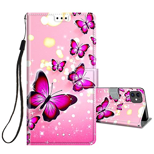 HopMore Handyhülle für iPhone 11 Leder Hülle, Klappbar Klapphülle Flip Case 360 Grad PU Schutzhülle Motiv für Mädchen Frauen Handytasche Stoßfest Cover Silikon - Schmetterling/Pink von HopMore