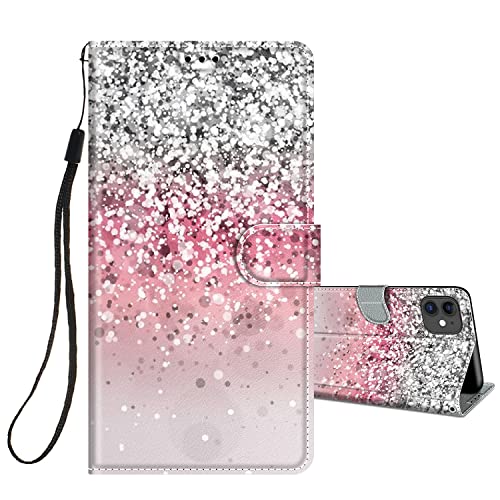 HopMore Handyhülle für iPhone 11 Leder Hülle, Klappbar Klapphülle Flip Case 360 Grad PU Schutzhülle Motiv für Mädchen Frauen Handytasche Stoßfest Cover Silikon - Silber Pink Rosa von HopMore