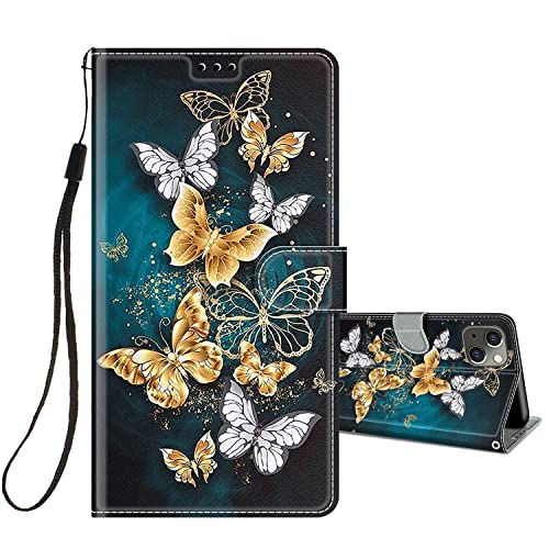 HopMore Handyhülle für iPhone 13 / iPhone 14 Leder Hülle Klappbar Klapphülle Flip Case PU Schutzhülle Motiv für Mädchen Frauen Handytasche Cover Silikon für iPhone 13 / iPhone 14, Schmetterling/Grün von HopMore