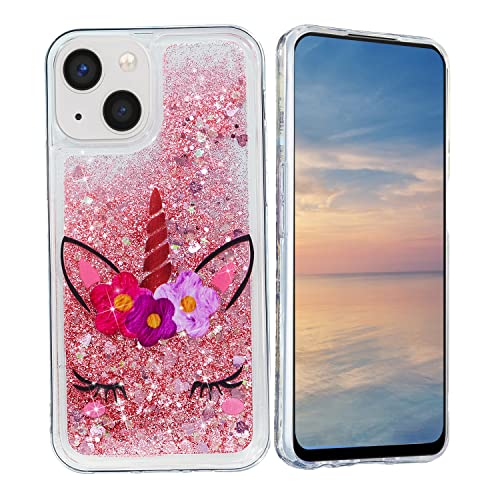 HopMore Hülle für iPhone 14 Handyhülle Glitzer Transparent Silikon Glitzern 3D Flüssig Cover Schutzhülle Hüllen Durchsichtig Glitter Stoßfest Silikonhülle für iPhone 14, Rosa Einhorn von HopMore