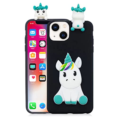 HopMore Kompatibel mit iPhone 13 / iPhone 14 Hülle Dünn Silikon Weich Gel 3D Tier Motiv Slim Case Stoßfest Handyhülle für iPhone 13 / iPhone 14 Silikonhülle Schutzhülle Cover, Schwarzes Einhorn von HopMore