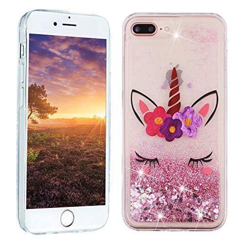 HopMore Silikon Glitzer Hülle für iPhone 7 Plus/iPhone 8 Plus Flüssig Transparent 3D Muster Schutzhülle Durchsichtig Handyhülle Silikonhülle Stoßfest Gummi Glitter Cover - Rosa Einhorn von HopMore