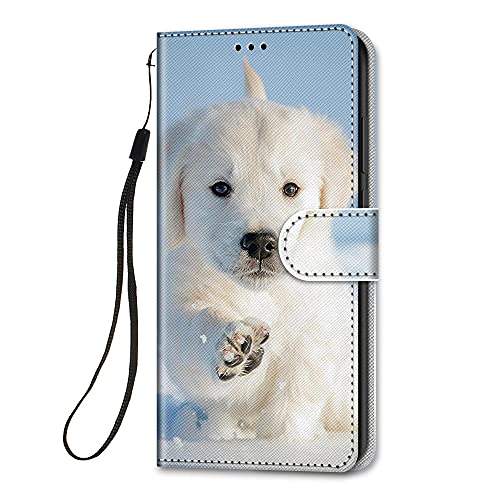 HopMore für Samsung Galaxy A02S Lederhülle, Stoßfest Handyhülle Klapphüllen mit Tasche Klappbar Flip Case Motiv Schutzhülle Leder Hülle Ledertasche mit Silikon Cover - Hund Weiß von HopMore