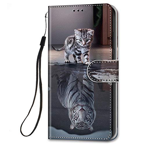 HopMore für iPhone 12 Mini Lederhülle, Handyhülle iPhone 12 Mini Klapphüllen mit Tasche Klappbar Flip Hülle Motiv Schutzhülle PU Ledertasche Stoßfest Silikon Cover [Standfunktion] - Graue Katze von HopMore