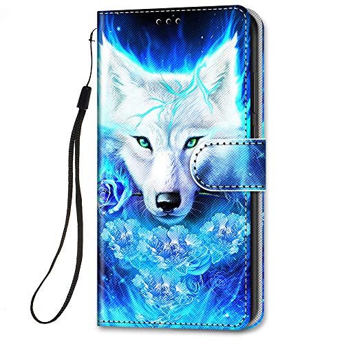 HopMore für iPhone 12 Pro Max Lederhülle, Handyhülle iPhone 12 Pro Max Klapphüllen mit Tasche Klappbar Flip Hülle Motiv Schutzhülle PU Ledertasche Stoßfest Silikon Cover [Standfunktion] - Wolf/Blau von HopMore