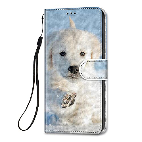 HopMore für iPhone SE 2020 / iPhone 7 / iPhone 8 Leder Hülle, Motiv Stoßfest Handyhülle Flip Case Klapphüllen mit Tasche Klappbar Muster Schutzhülle Lederhülle mit Silikon Cover - Weißer Hund von HopMore