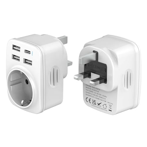 Hoppac UK-Adapter Steckdose,Adapter England Deutschland Stecker,5 in 1 England Steckdosenadapter,UK-Adapter mit 3 USB A und 1 USB C,Reiseadapter Typ G für England,Irland,Dubai,Malediven von Hoppac