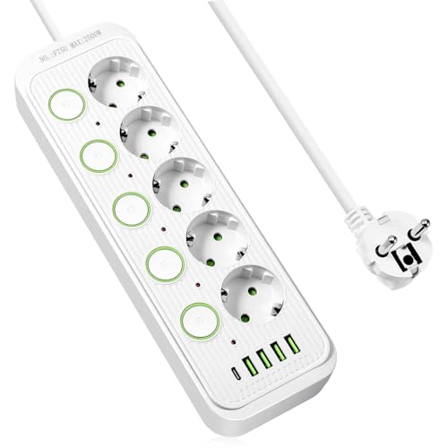 Hoppac Steckdosenleiste 5 Steckdosen mit 4 USB A Anschlüssen und 1 USB C Anschluss (2500 W 10 A), 2m Mehrfachsteckdose mit Überspannungsschutz und Einzelschalter, Verteilersteckdose für Zuhause, Büro von Hoppac