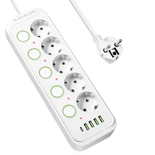 Hoppac Steckdosenleiste mit USB, 2m Mehrfachsteckdose 5 Steckdosen mit 4 USB A Anschlüssen und 1 USB C Anschluss, Mehrfachsteckdose mit Überspannungsschutz und Einzelschalter (2500 W 10 A) von Hoppac