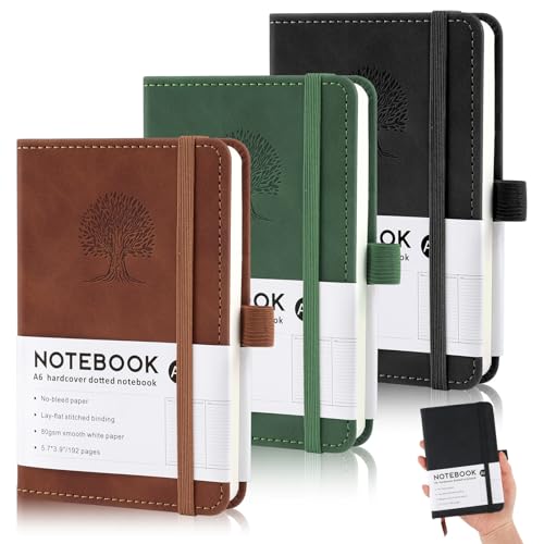Hopton Notizbuch A6, 3 Stück Notizbücher Set, 192 Seiten,80 g/m²,Leder Notizblock, Klein Notizbuch A6 Liniert, Journal Notebook, Reisetagebuch, Prägebaum Design(Braun, Grün, Schwarz) von Hopton