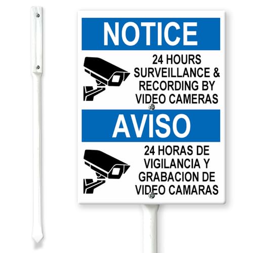 Horienteeon Hinweis – 24 Stunden Überwachung durch Videokameras, zweisprachiges Hofschild mit Heringen, 11,5 x 15 cm, stabiles Aluminiumschild, zweisprachiges Schild "No Trespassing" in Englisch und von Horienteeon