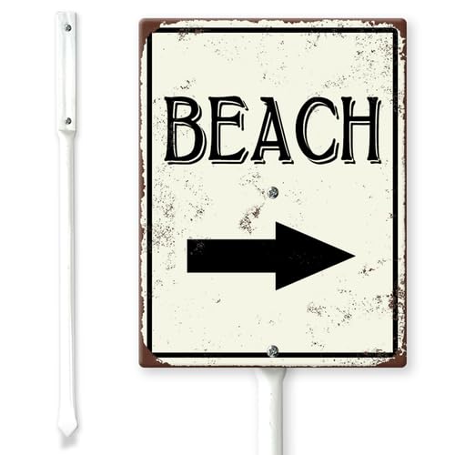 Horienteeon Hofschild Beach (Pfeil links) mit Erdspießen, 20 × 30 cm, robustes Aluminium, rostfrei, Vintage-Strandschild, dekoratives Schild für den Außenbereich, Seabeach This von Horienteeon