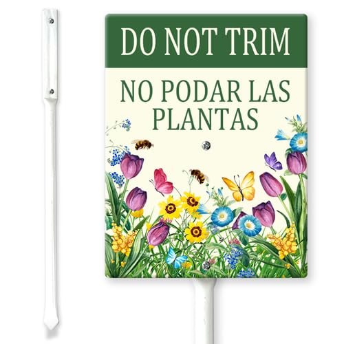 Horienteeon Schild mit Pfählen "Do not Trim No Podar Las Plantas", 17,5 x 22 cm, stabiles Aluminium-Schild, rostfrei, kein Mähen darf Schild, zweisprachig, wasserdicht, nicht mähen, halten Sie es ab von Horienteeon