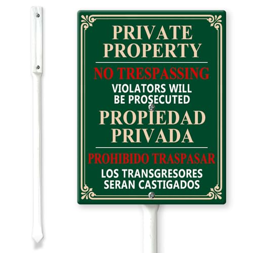 Horienteeon Schild mit Pfählen "Private Property No Trespassing Violators Will Be Prosecuted", 17,5 x 22 cm, stabiles Aluminiumschild, zweisprachige englische und spanische Sicherheitskamera-Schilder von Horienteeon