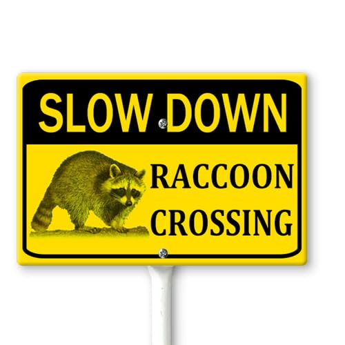 Horienteeon Slow Down Raccoon Xing Crossing Hofschild mit Heringen, 30 × 20 cm, stabiles Aluminium-Schild, rostfrei, für den Außenbereich, Straßenschild, Verlangsamungsschild, Tiere, Kreuzung von Horienteeon