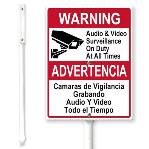 Horienteeon Warnschild mit Pfählen "Audio & Video Surveillance On Duty At All Times", 11,5 x 15 cm, stabiles Aluminiumschild, zweisprachig, englisch und spanisch von Horienteeon