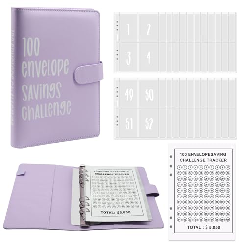 Horuili® Haushaltsbuch zum Geldsparen, 100 Briefumschläge Herausforderungsbinder, Budget Binder, A5 Haushaltsplaner, Geldsparbinder Budget Planner, Herausforderung Sparen Umschlag Sparbuch (lila) von Horuili