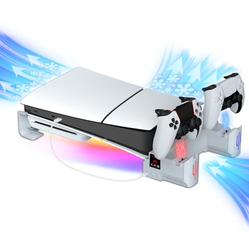 Hosanwell PS5 Slim Horizontal Ständer Kompatibel mit PS5 Slim Disc & Digital, Dual PS5 Controller Ladegerät mit Multi-Mode RGB Licht und 3-stufigen Kühlventilator, Weiß Hosanwell PS5 Slim Horizontal Ständer Kompatibel mit PS5 Slim Disc & Digital, Dual PS5 Controller Ladegerät mit Multi-Mode RGB Licht und 3-stufigen Kühlventilator, Weiß von Hosanwell