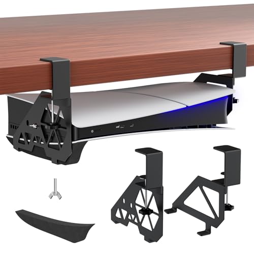 Hosanwell PS5 Untertischhalterung für PS5 und P5 Slim Digital & Disc Versionen, ohne Bohren, Klemmhalterung, mit Klemmen, Schrauben und EVA-Schaum von Hosanwell