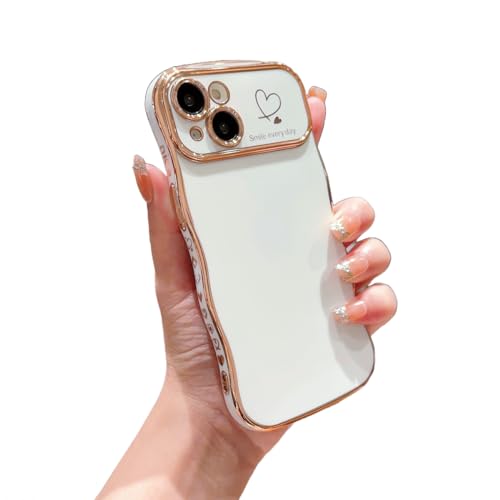 Hosgor Kompatibel mit iPhone 15 Plus Hülle für Frauen, Luxus-Herzmuster, Plating Wave Frame Cover mit Kameralinsenschutz, weiche, schlanke, stoßfeste Schutzhülle für iPhone 15 Plus (Weiß) von Hosgor