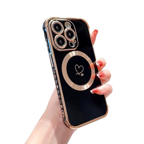 Hosgor Kompatibel mit iPhone 15 Pro Hülle 2023, Kompatibel mit MagSafe Love Heart Plating Kameraschutz Handyhülle für Frauen Mädchen Stoßfest Bumper Kompatibel mit iPhone 15 Pro 6,1 Zoll (Schwarz) von Hosgor